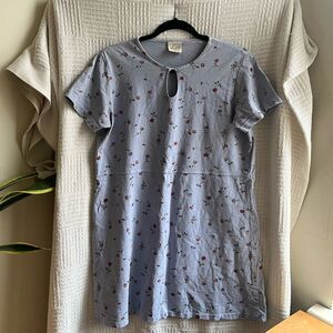 Vintage Varsity Sport Floral Cotton Blue Mini Dress w Keyhole Neckline Medium